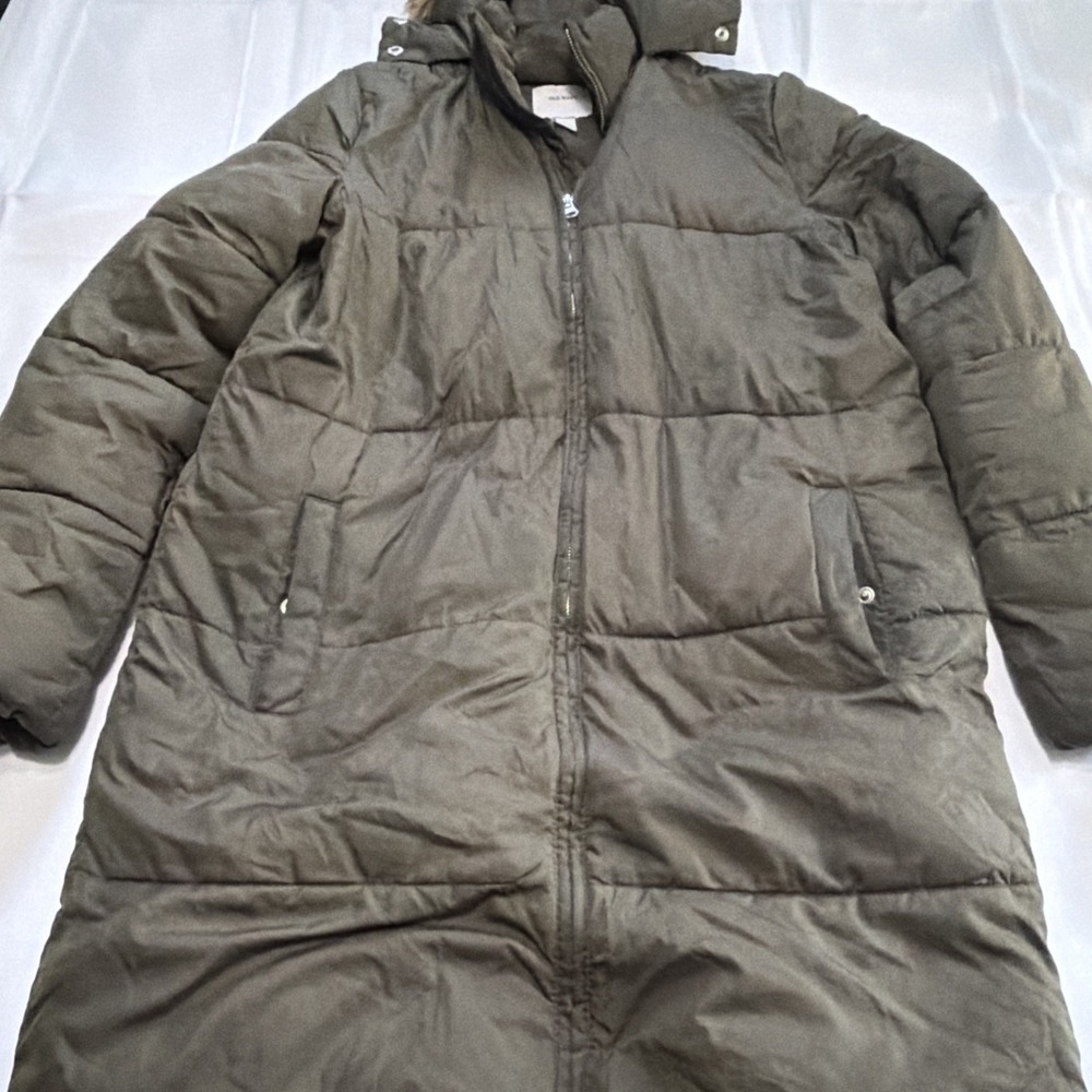Old Navy Womens Olive Green Longline Puffer Jacket Faux Fur Hood Size S